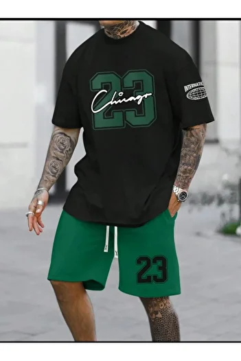 SELENA BUTİK Unisex 23 Black T-Shirt Green Shorts Top Bottom 2 Piece Set