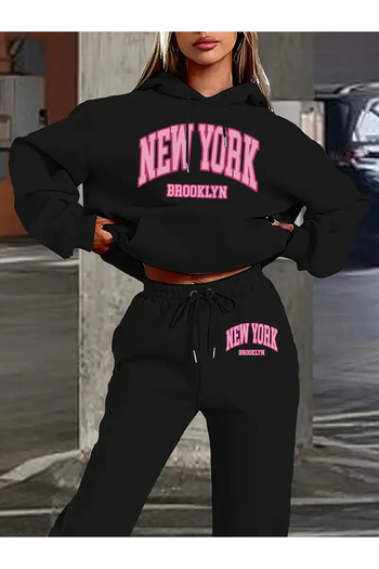 SimStone Two Piece Set, Newyork Pink Letter Print, Long Sleeve Hooded Sweatshirt and Pants