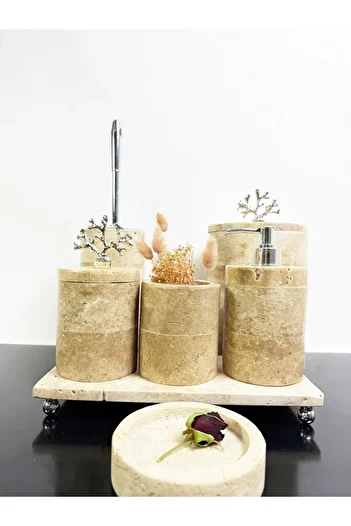 Modestmar Round Travertine Bathroom Set - 7 Pieces with Silver Coral Accessories