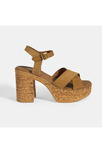 Desa Women's Tan Adjustable Buckle Heeled Suede Sandals