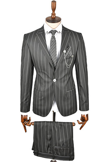 DeepSEA Men's Black Slim Fit Striped Single Button Single Slit 2 Piece Suit 2300101