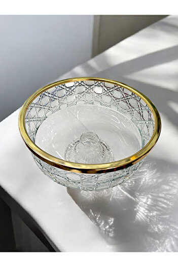 AYZ HOME Pirinç Gold Kenarlı Kesme Kristal Cam Salata / Sunum Kasesi 25x25cm