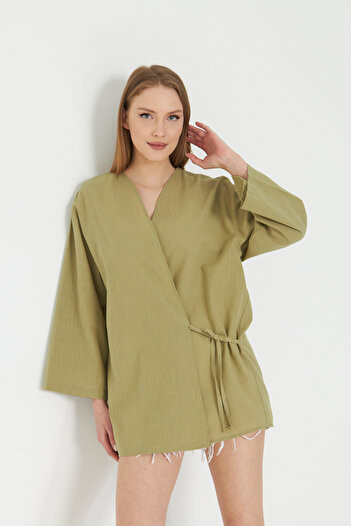 SevdeUgur Women's Khaki Green Laced Kimono / Sevde Ugur