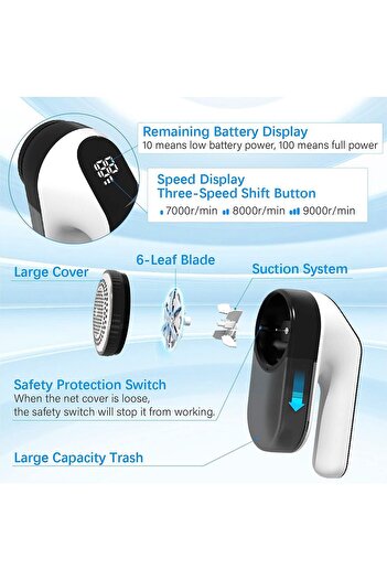 COOYA Electric Fabric Trimmer,5w,rechargeable,led Digital Display,3 Speeds,for Clothes, Sofas,white