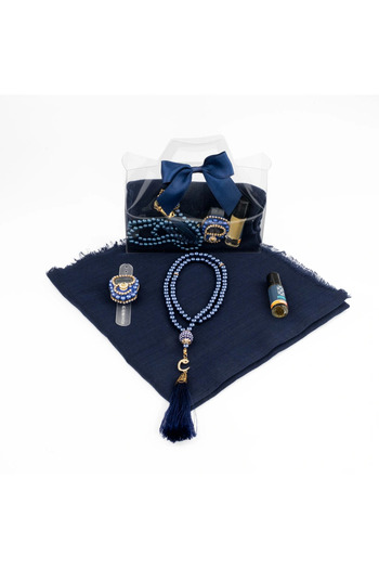 Hayrat Neşriyat Rosary + Scarf + Zikirmatik + Essence Gift Set (Acetate Box with Bag, Navy Blue)