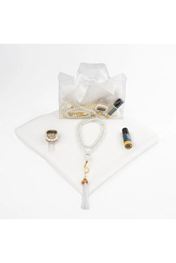 Hayrat Neşriyat Tasbih + Scarf + Zikirmatik + Essence Set (Acetate Box with Bag, Cream)