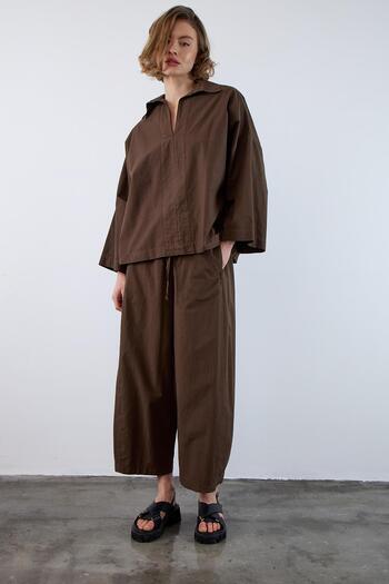 TENA Women's Brown Loose Sleeve Oversize Shirt Waist Shirred Loose Leg Trousers Set