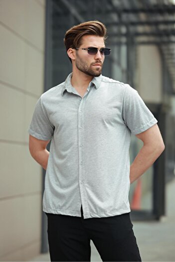 Madmext Gray Basic Short Sleeve Men's Shirt E6760