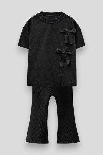 Magu Girl's Cotton Black Ribbon Detailed T-Shirt and Ribbed Trousers Set – Stylish Casual Combination