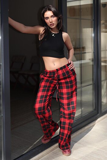 Madmext Burgundy Plaid Women's Trousers Mg2401