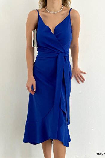 Deafox Saks Blue Flounced Midi öves ruha