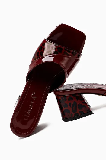 Limoya Morena Burgundy Patent Leather Leopard Detailed Short Heeled Women's Slippers