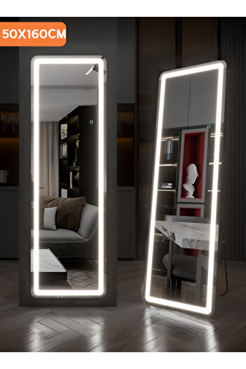 Taimi Large Mirror With Elegant Design,160x50cm, With Front Lighting, Black Metal Frame And Back Stand