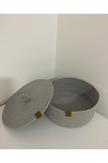 Sevdam Sepet Gray Flat Lid Multi-Purpose Basket, Decorative Basket, Cotton Basket, Wicker Basket, Rope Basket