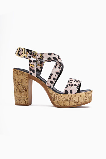 Limoya Havannah Black Leopard Cross Strapped Platform Heeled Women's Sandals