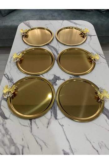 AHİR TİCARET 6-Piece Butterfly Round Gold Presentation Tray Decorative Serving Tray Tea, Coffee 22 cm