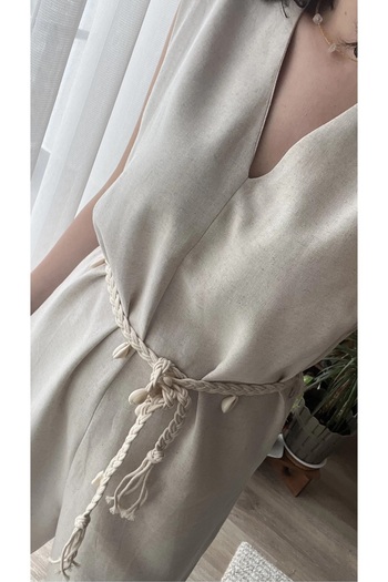 Lavanta Tekstil Linen Cream Belted Jumpsuit