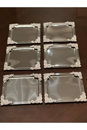 farklı evim 6-Piece Luxury Silver Cafe Presentation Tray Flower Design Has 4 Corners