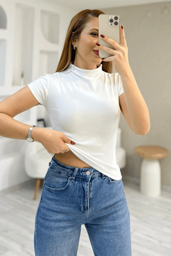 Paw Garage Women's Aria Bebe Sleeve Stand Collar Basic Combed Cotton T-Shirt