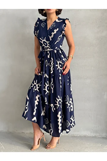 BEJNA Women's Navy Blue Flounce Sleeve Double Breasted Collar Woven Dress