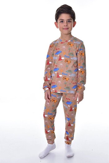 yagmurgiyim Σετ πιτζάμες για αγόρια Isob Brown Dinosaur Pattern Corded Interlock ύφασμα 100% βαμβάκι για αγόρια 3-12 ετών