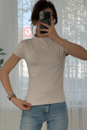 Paw Garage Women's Aria Bebe Sleeve Stand Collar Basic Combed Cotton T-Shirt