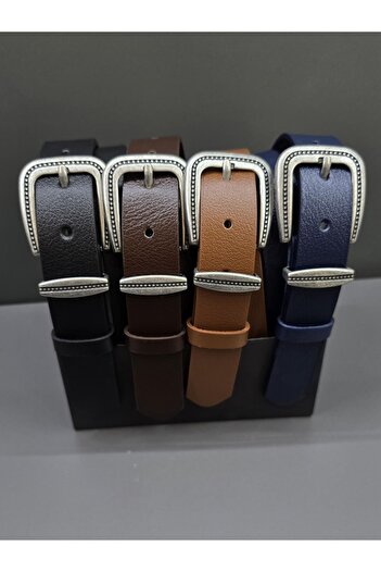 Kemerix 100% Genuine Leather Pewter Plated Buckle Black-Tan-Navy Blue-Acute Brown 4-Piece Belt Set