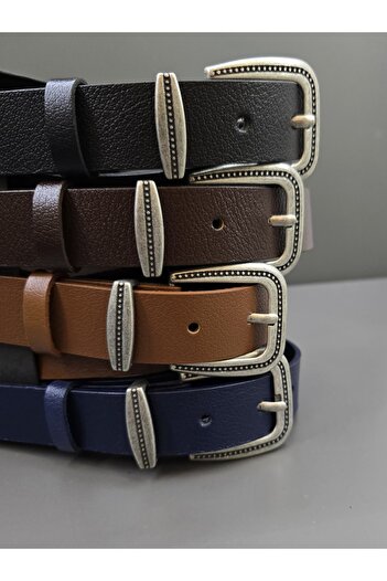 Kemerix 100% Genuine Leather Pewter Plated Buckle Black-Tan-Navy Blue-Acute Brown 4-Piece Belt Set