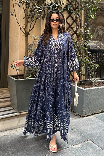 ASEDE 100% Viscose Bohemian Alaçatı Dress V-Neck Ethnic Patterned Viscose Dress Suitable for Hijab
