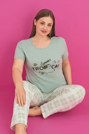 Farya Home X-Dreamy Plus Size Cotton Plaid Check Short Sleeve Pajamas Set
