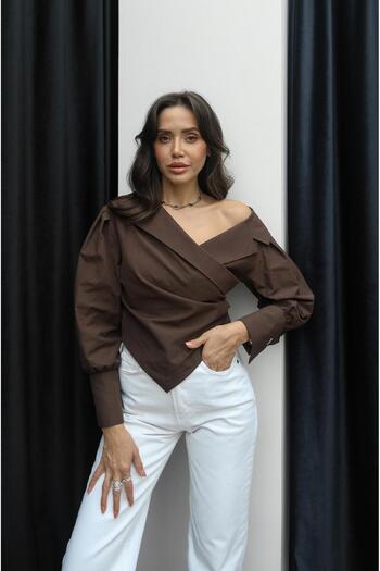 Havoş Brown Asymmetrical Cut Rope Lace up Shirt