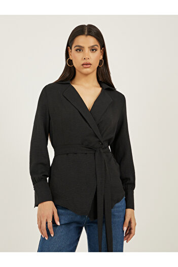 Styli Black Solid Wrap Belted Blouse