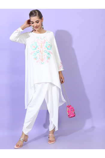 Vishudh By Styli White Embroidered High-Low Kurta with Dhoti Pants