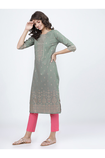 Vishudh By Styli Women Olive Ethnic Motifs Printed Cotton Kurta