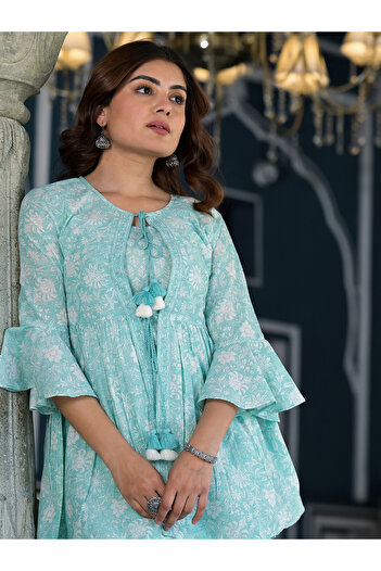 Vishudh By Styli Women Blue Printed Cotton Kurta & Palazzo Set