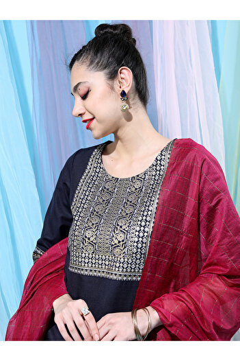 Vishudh By Styli Navy Blue Embroidered Kurta Set with Palazzos and Dupatta