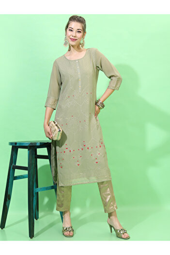 Vishudh By Styli Women Olive Green & Red Geometric Printed Georgette Kurta