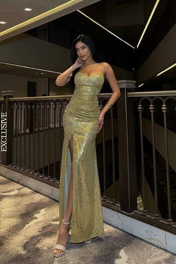 Mossta Sweetheart Neckline Slit Sequined Evening Dress Gold