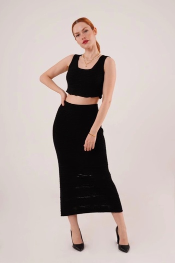 Hney Women's Square Neck Knitted Black Skirt and Strap Blouse Set