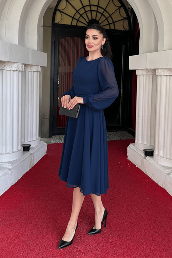 giyimmasalı Sifon Fabric Flower Λεπτομερές Midi Φόρεμα - ΣΚΟΥΡΟ ΜΠΛΕ