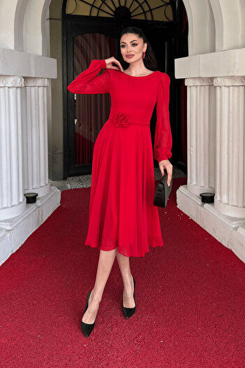 giyimmasalı Red Detailed Midi Dress - Sifon Fabric Flower Arrival