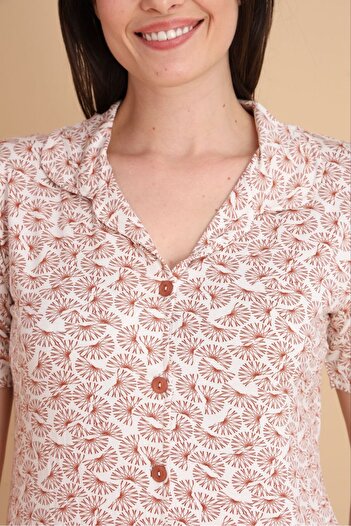 şuranur Bamboo Love Patterned Shirt Collar Buttoned Organic Pajama Set