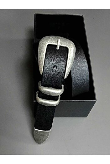 Kemerix 100% Genuine Leather Black Tin-Brown Antique Coated Tool Buckle 2-Piece Belt Set