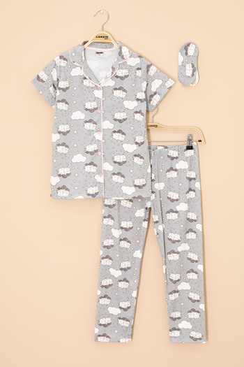 Cansın Mini Gray Lamb Patterned Short Sleeve Girl's Eye Banded Pajama Set 20594