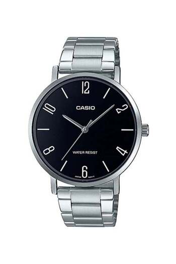 Casio Casio Analog Watch, Black Dial, Stainless Steel Band, MTP-VT01D-1B2UDF - 46 mm - Silver for Men