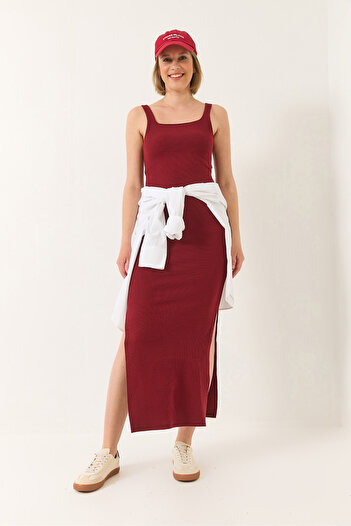 Bianco Lucci Women's Strappy Square Neck Slit Detailed Ottoman Midi Dress 295 60283176