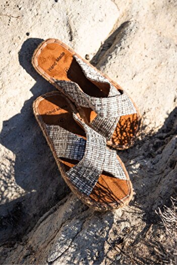 by selvi Lukka Shoes Zeta Gray Striped Cross Linen Men's Slippers