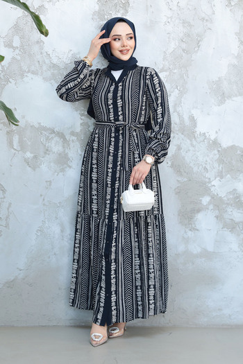 Neva Style Patterned Navy Blue Hijab Dress 23921L