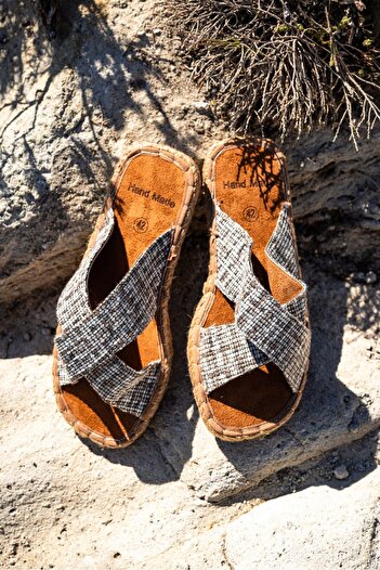 by selvi Lukka Shoes Zeta Gray Striped Cross Linen Men's Slippers