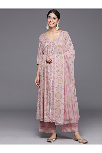 Libas By Styli Printed Kurta with Mid Rise Trousers and Chiffon Printed Dupatta Set